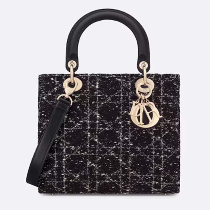 Dior Women CD Medium Lady D-Lite Bag Black Cannage Tweed