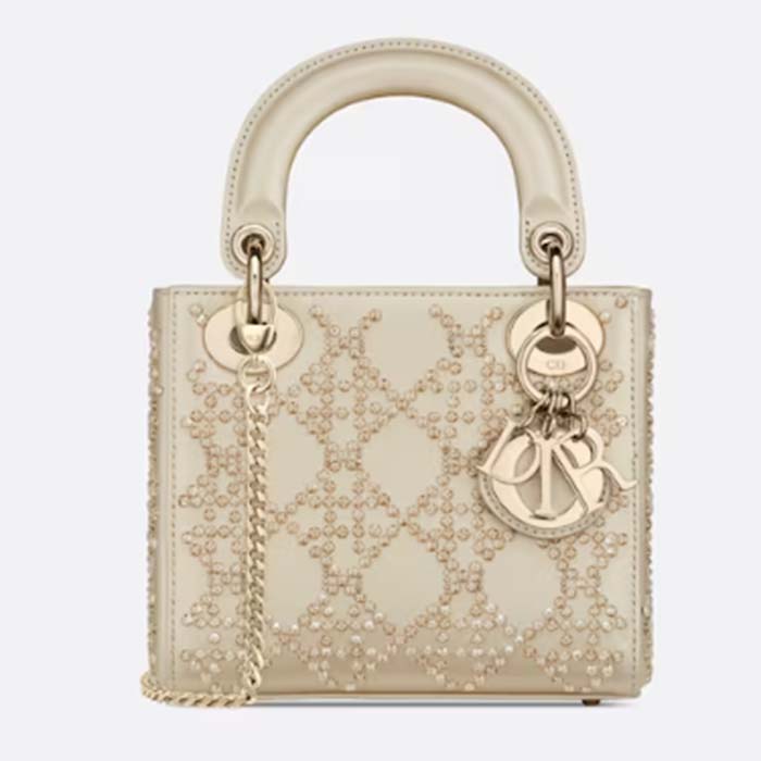 Dior Women CD Mini Lady Dior Bag Platinum Metallic Cannage Lambskin Beaded Embroidery