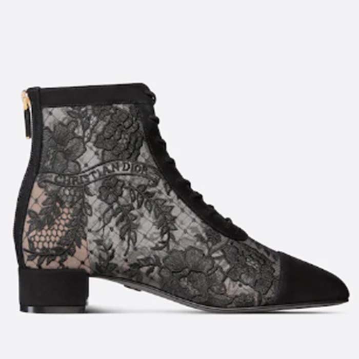 Dior Women CD Naughtily-D Ankle Boot Black Transparent Mesh Suede Embroidered Roses Motif
