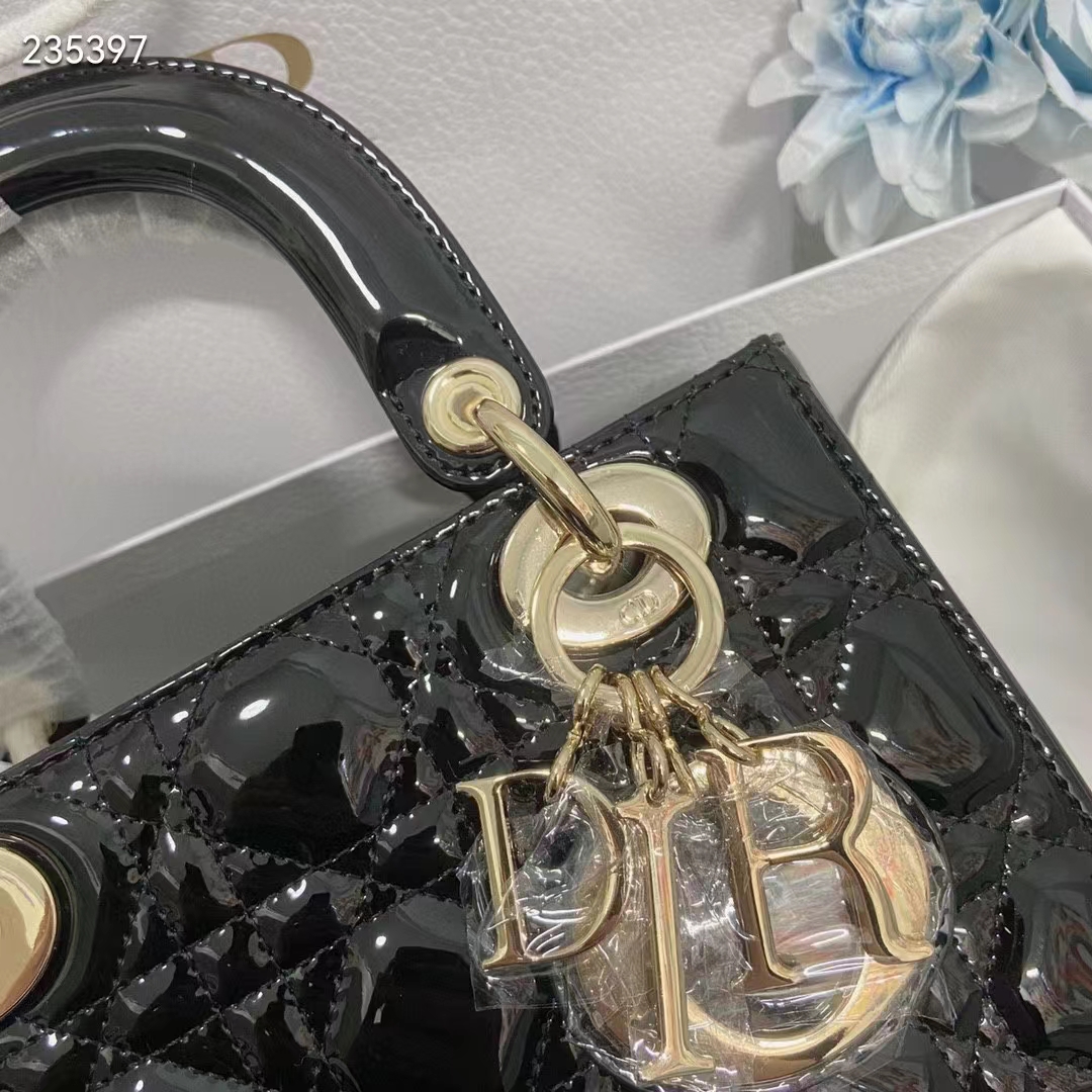 Dior Women CD Small Lady Dior Bag Black Patent Cannage Calfskin