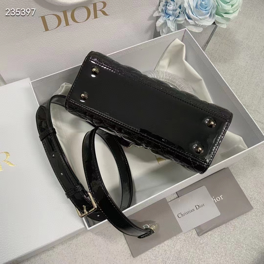 Dior Women CD Small Lady Dior Bag Black Patent Cannage Calfskin