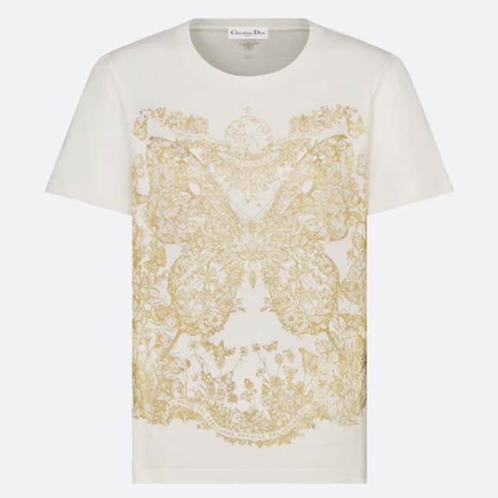 Dior Women CD T-Shirt White Cotton Jersey Gold-Tone Butterfly Around The World Motif