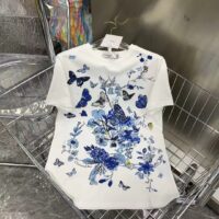 Dior Women CD T-Shirt White Cotton Jersey Pastel Midnight Blue Toile De Jouy Mexico Motif (12)