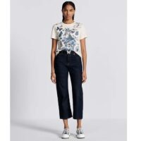 Dior Women CD T-Shirt White Cotton Jersey Pastel Midnight Blue Toile De Jouy Mexico Motif (12)