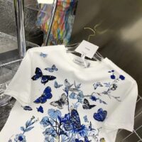 Dior Women CD T-Shirt White Cotton Jersey Pastel Midnight Blue Toile De Jouy Mexico Motif (12)