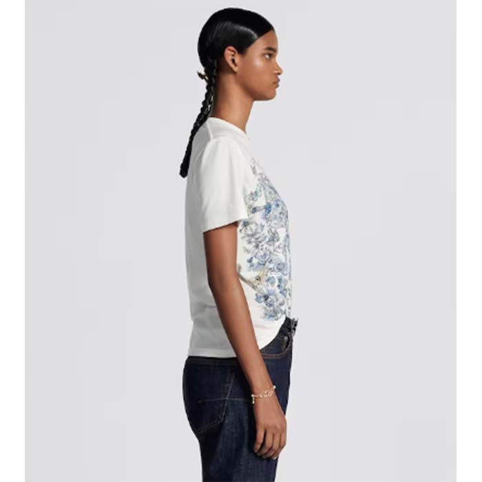 Dior Women CD T-Shirt White Cotton Linen Jersey Pastel Midnight Blue Butterfly Around The World Motif