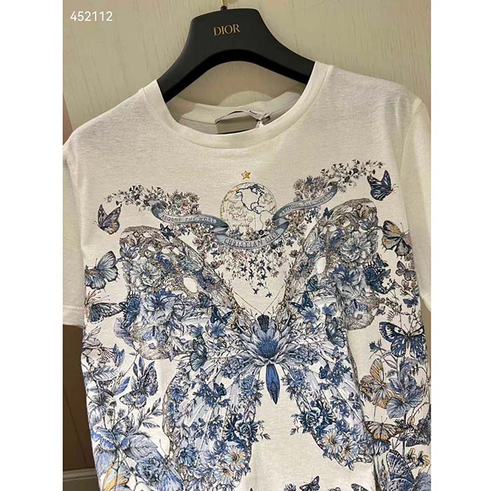 Dior Women CD T-Shirt White Cotton Linen Jersey Pastel Midnight Blue Butterfly Around The World Motif (10)