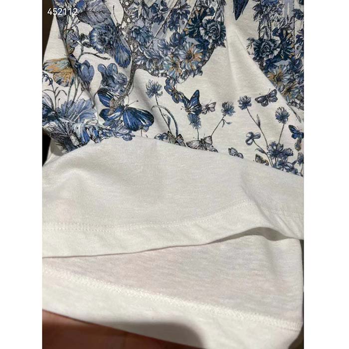 Dior Women CD T-Shirt White Cotton Linen Jersey Pastel Midnight Blue Butterfly Around The World Motif (12)