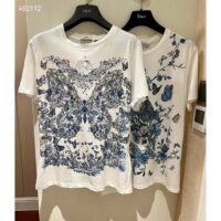 Dior Women CD T-Shirt White Cotton Linen Jersey Pastel Midnight Blue Butterfly Around The World Motif (6)