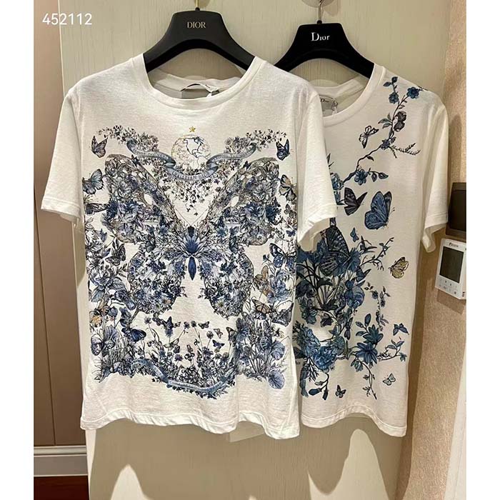 Dior Women CD T-Shirt White Cotton Linen Jersey Pastel Midnight Blue Butterfly Around The World Motif (13)
