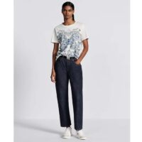 Dior Women CD T-Shirt White Cotton Linen Jersey Pastel Midnight Blue Butterfly Around The World Motif (6)