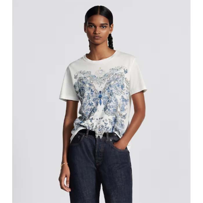 Dior Women CD T-Shirt White Cotton Linen Jersey Pastel Midnight Blue Butterfly Around The World Motif