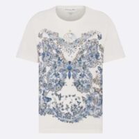 Dior Women CD T-Shirt White Cotton Linen Jersey Pastel Midnight Blue Butterfly Around The World Motif (6)