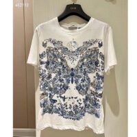 Dior Women CD T-Shirt White Cotton Linen Jersey Pastel Midnight Blue Butterfly Around The World Motif (6)