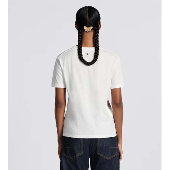Dior Women CD T-Shirt White Cotton Linen Jersey Pastel Pink Butterfly Around The World Motif