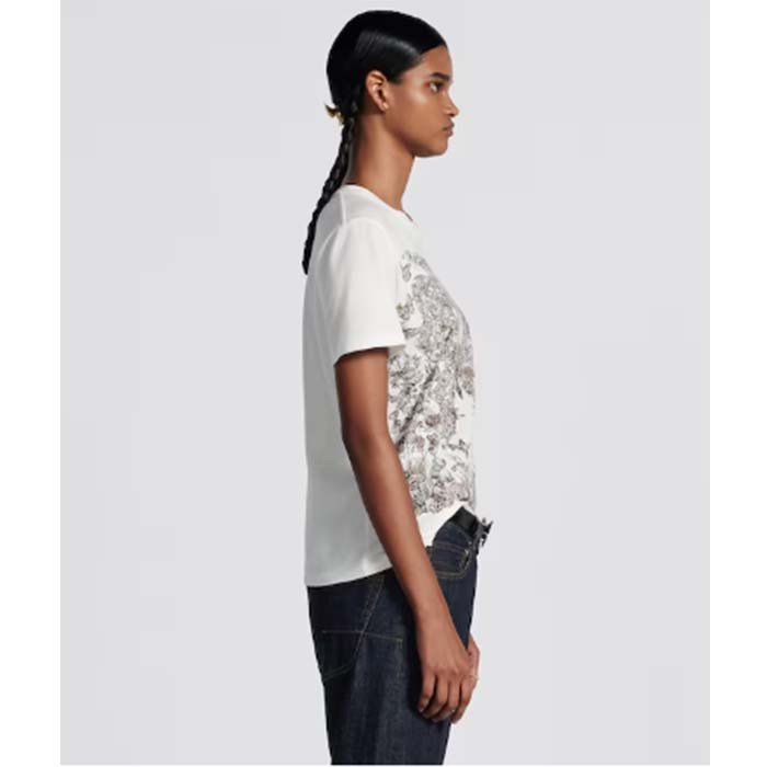 Dior Women CD T-Shirt White Cotton Linen Jersey Pastel Pink Butterfly Around The World Motif