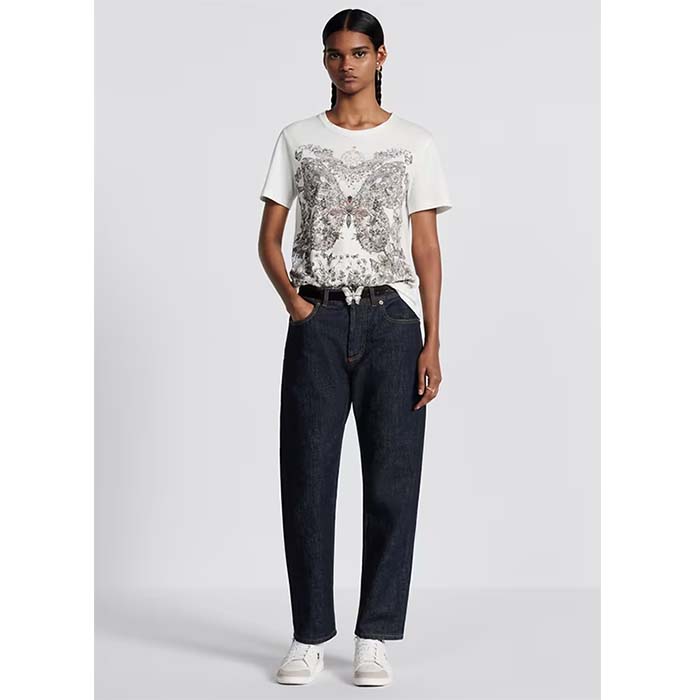 Dior Women CD T-Shirt White Cotton Linen Jersey Pastel Pink Butterfly Around The World Motif