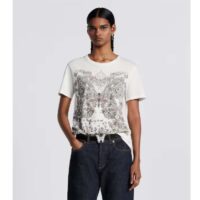 Dior Women CD T-Shirt White Cotton Linen Jersey Pastel Pink Butterfly Around The World Motif (3)