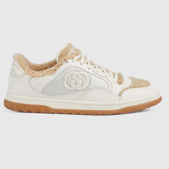 Gucci GG Unisex MAC80 Sneaker Off White Leather Merino Wool Round Toe Rubber Flat