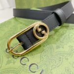 Gucci GG Unisex Thin Belt Mini Round Interlocking G Black Leather 1.5 CM Width - Imagen 5