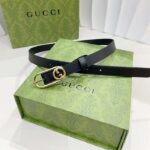 Gucci GG Unisex Thin Belt Mini Round Interlocking G Black Leather 1.5 CM Width - Imagen 2