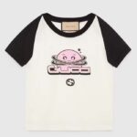 Gucci GG Women Cotton Jersey Short Sleeved T-Shirt Off White Black Gucci Planet Print Crewneck