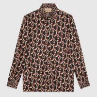 Gucci GG Women Interlocking G Chain Print Silk Shirt Point Collar Long Sleeves