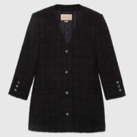 Gucci GG Women Tweed Mélange Jacket Black Self-Covered Buttons Interlocking G Lined V-Neck (10)