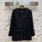 Gucci GG Women Tweed Mélange Jacket Black Self-Covered Buttons Interlocking G Lined V-Neck - Image 2