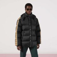 Gucci Men GG Black Jacquard Nylon Padded Coat Camel Brown Interlocking G Stripe Down Goose Feather (10)