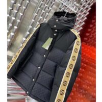 Gucci Men GG Black Jacquard Nylon Padded Coat Camel Brown Interlocking G Stripe Down Goose Feather (10)