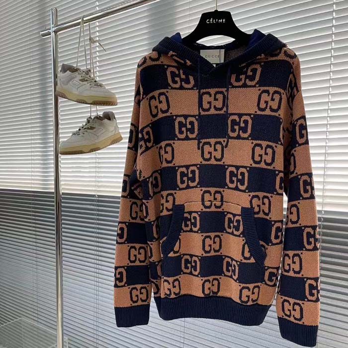 Gucci Men GG Cotton Jacquard Hooded Sweater Beige Dark Blue Dropped Shoulder Kangaroo Pocket (13)