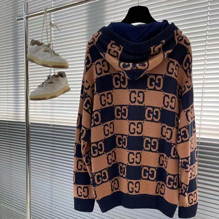 Gucci Men GG Cotton Jacquard Hooded Sweater Beige Dark Blue Dropped Shoulder Kangaroo Pocket (4)