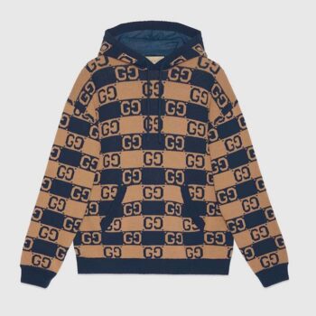 Gucci Men GG Cotton Jacquard Hooded Sweater Beige Dark Blue Dropped Shoulder Kangaroo Pocket