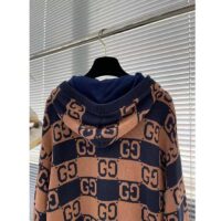 Gucci Men GG Cotton Jacquard Hooded Sweater Beige Dark Blue Dropped Shoulder Kangaroo Pocket (5)