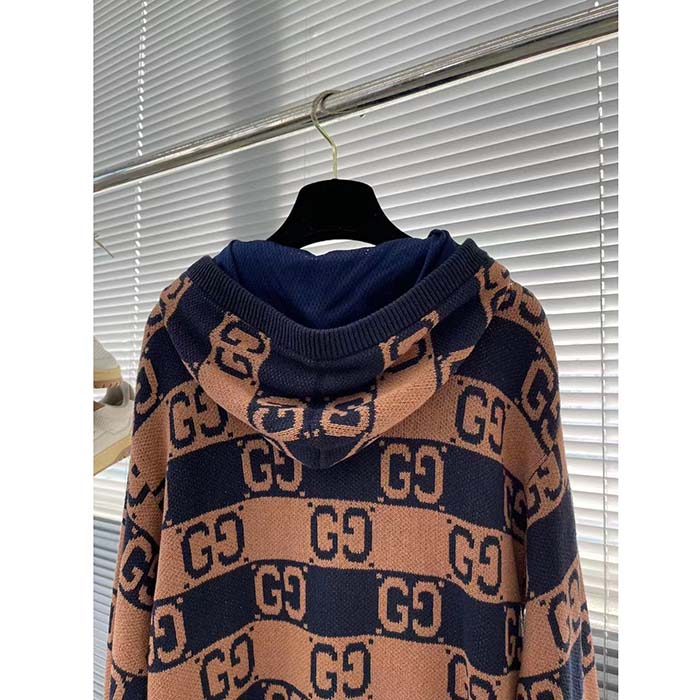 Gucci Men GG Cotton Jacquard Hooded Sweater Beige Dark Blue Dropped Shoulder Kangaroo Pocket (7)