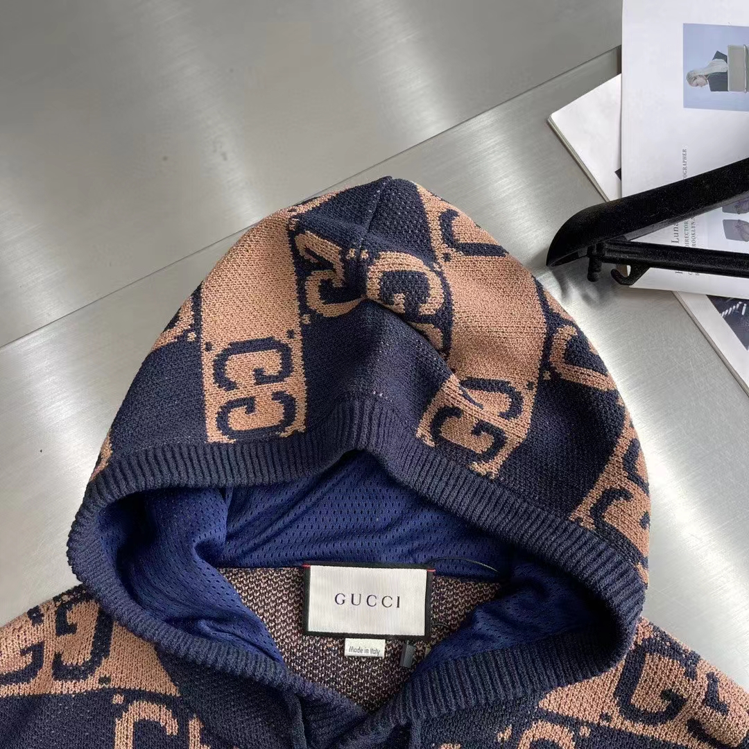 Gucci Men GG Cotton Jacquard Hooded Sweater Beige Dark Blue Dropped Shoulder Kangaroo Pocket (9)