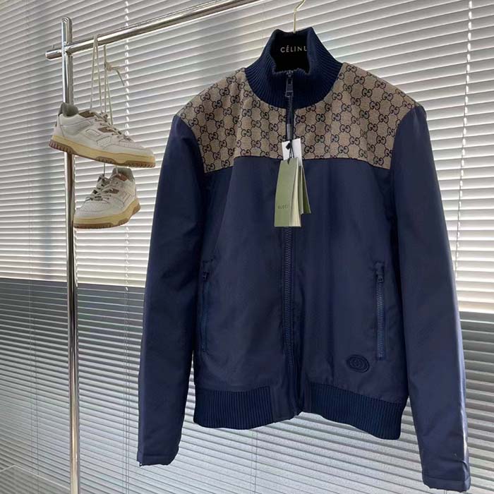 Gucci Men GG Nylon Canvas Zip Jacket Dark Blue Interlocking G Embroidered High Neck (5)