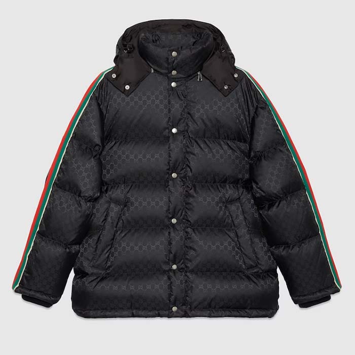 Gucci Men GG Nylon Jacquard Jacket Web Black Stripe Lined Fixed Hood Rib Cuffs