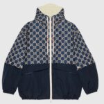 Gucci Men GG Ripstop Fabric Zip Jacket Blue Ivory GG Padded Detachable Sleeves