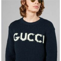 Gucci Men GG Wool Top Gucci Intarsia Black Ivory Wool Crewneck Dropped Shoulder Long Sleeves Rib (8)