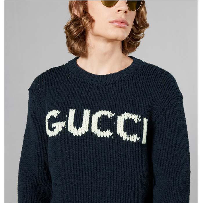 Gucci Men GG Wool Top Gucci Intarsia Black Ivory Wool Crewneck Dropped Shoulder Long Sleeves Rib (10)