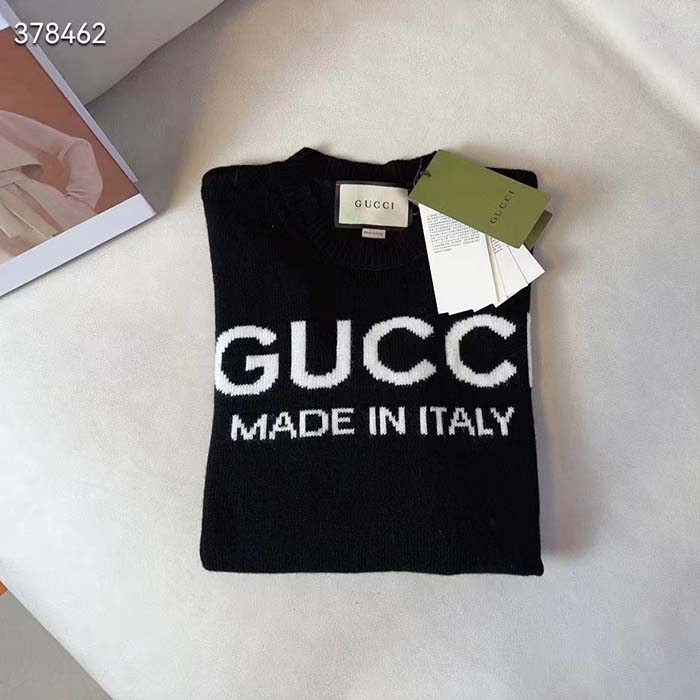Gucci Men GG Wool Top Gucci Intarsia Black Ivory Wool Crewneck Dropped Shoulder Long Sleeves Rib (12)