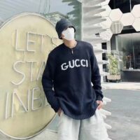 Gucci Men GG Wool Top Gucci Intarsia Black Ivory Wool Crewneck Dropped Shoulder Long Sleeves Rib (8)