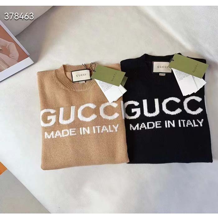 Gucci Men GG Wool Top Gucci Intarsia Black Ivory Wool Crewneck Dropped Shoulder Long Sleeves Rib (2)
