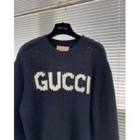 Gucci Men GG Wool Top Gucci Intarsia Black Ivory Wool Crewneck Dropped Shoulder Long Sleeves Rib (8)