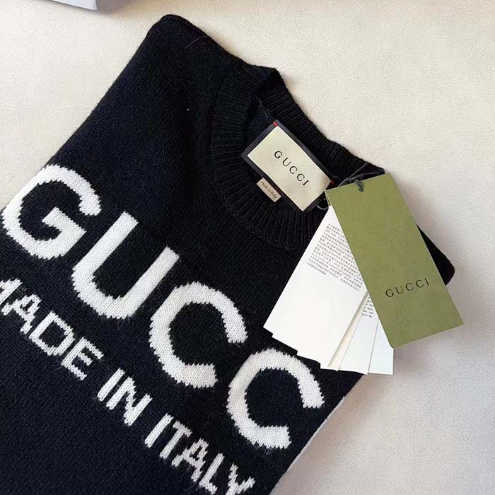 Gucci Men GG Wool Top Gucci Intarsia Black Ivory Wool Crewneck Dropped Shoulder Long Sleeves Rib (3)