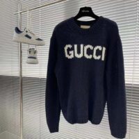 Gucci Men GG Wool Top Gucci Intarsia Black Ivory Wool Crewneck Dropped Shoulder Long Sleeves Rib (8)