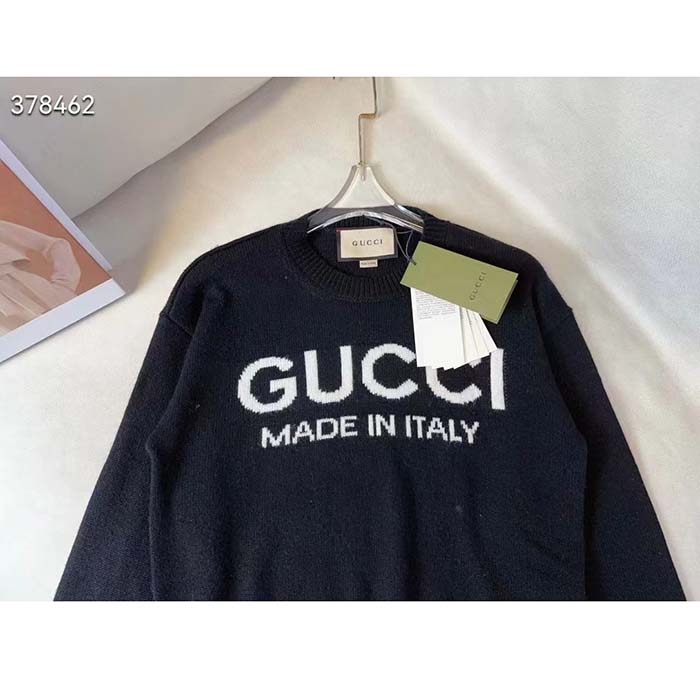 Gucci Men GG Wool Top Gucci Intarsia Black Ivory Wool Crewneck Dropped Shoulder Long Sleeves Rib (5)