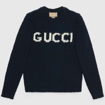 Gucci Men GG Wool Top Gucci Intarsia Black Ivory Wool Crewneck Dropped Shoulder Long Sleeves Rib